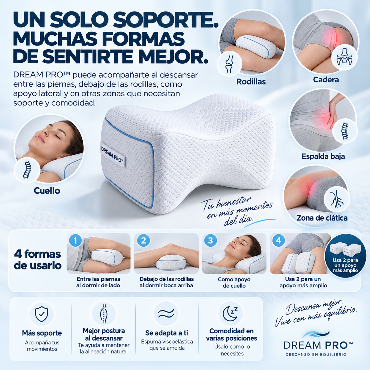 DREAM PRO™ — Almohada Ortopédica para Piernas que Ayuda a Reducir la Presión y Mejorar la Postura al Dormir de Lado