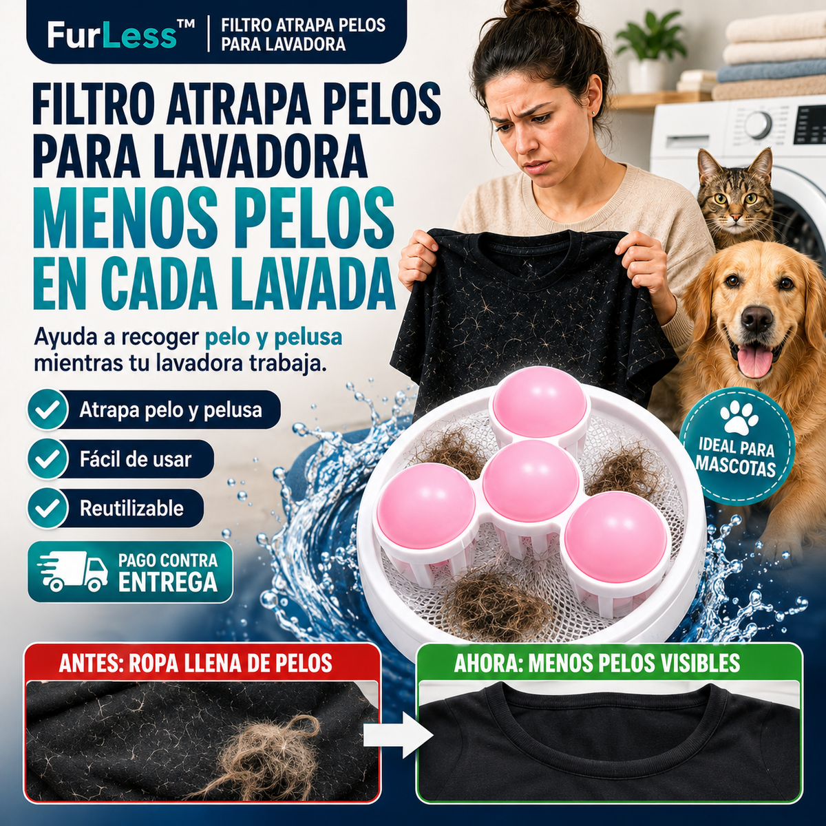 FurLess™ | Filtro para Lavadora | Ropa con Menos Pelusa y Pelo de Mascota