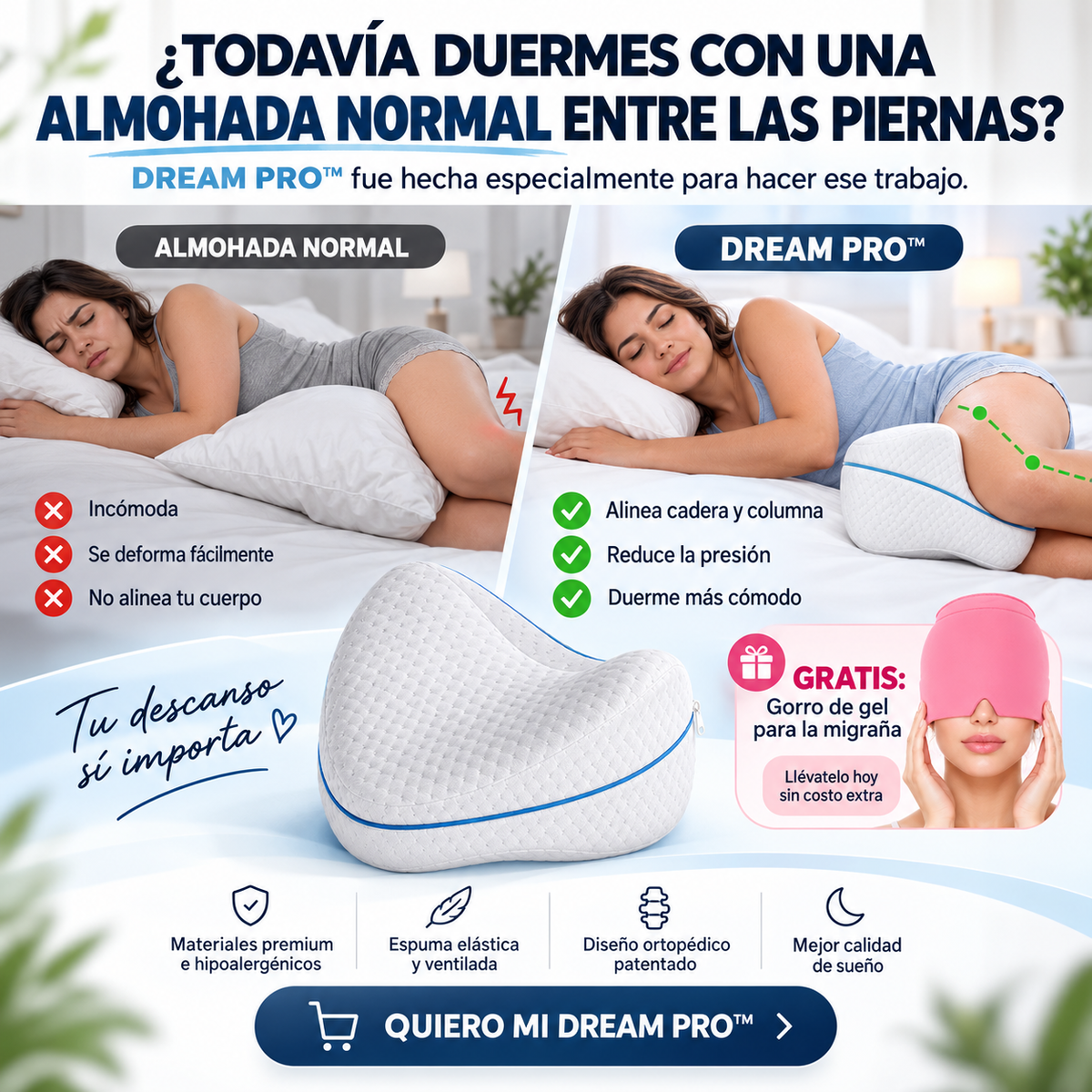 DREAM PRO™ — Almohada Ortopédica para Piernas que Ayuda a Reducir la Presión y Mejorar la Postura al Dormir de Lado