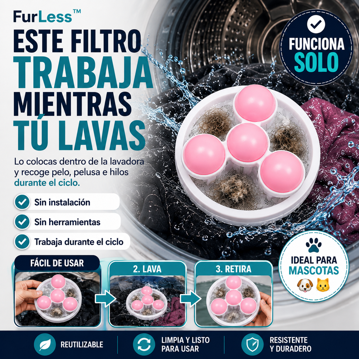 FurLess™ | Filtro para Lavadora | Ropa con Menos Pelusa y Pelo de Mascota