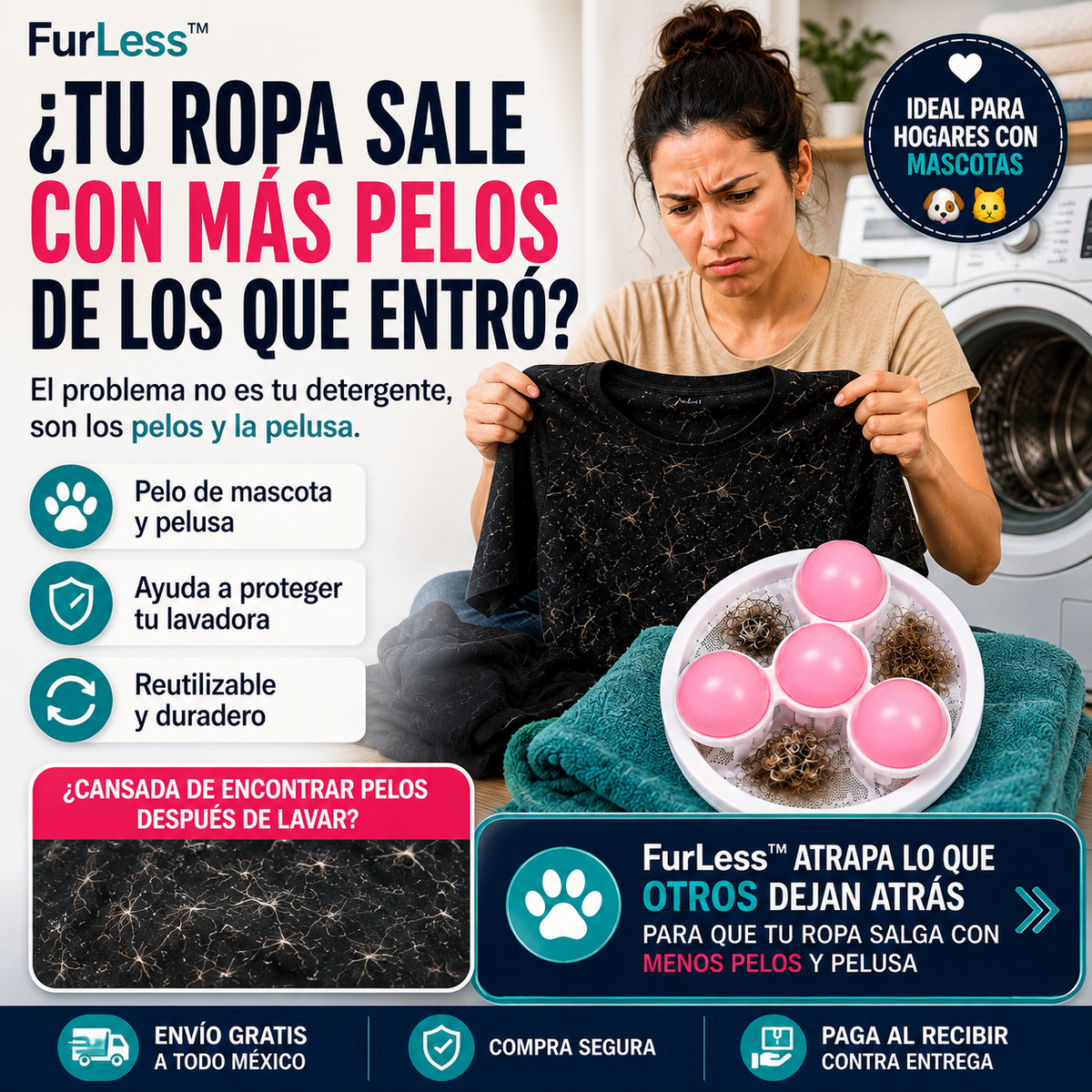 FurLess™ | Filtro para Lavadora | Ropa con Menos Pelusa y Pelo de Mascota