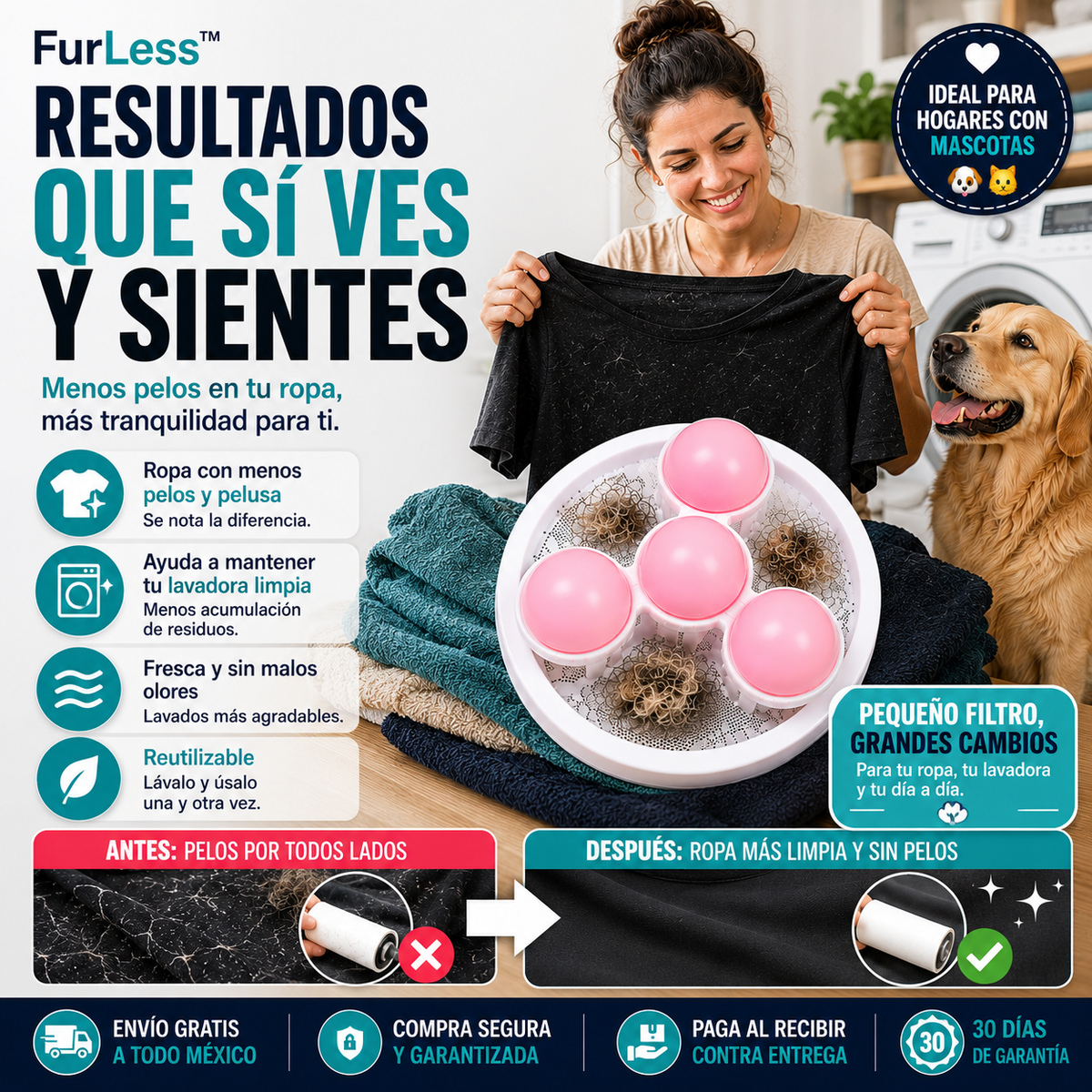 FurLess™ | Filtro para Lavadora | Ropa con Menos Pelusa y Pelo de Mascota