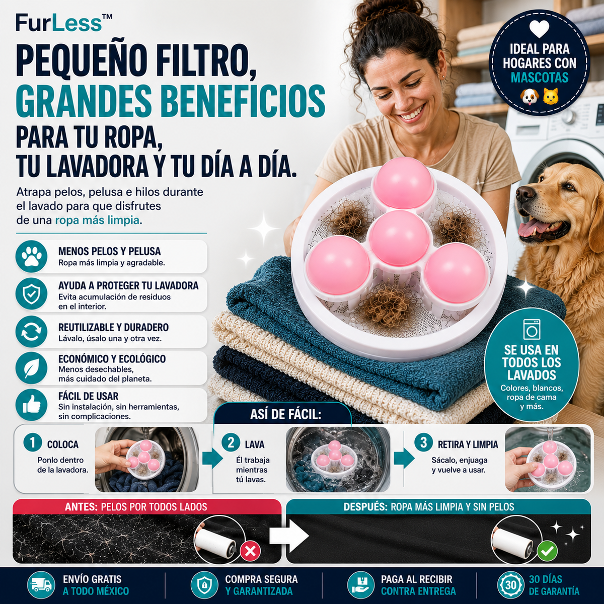 FurLess™ | Filtro para Lavadora | Ropa con Menos Pelusa y Pelo de Mascota