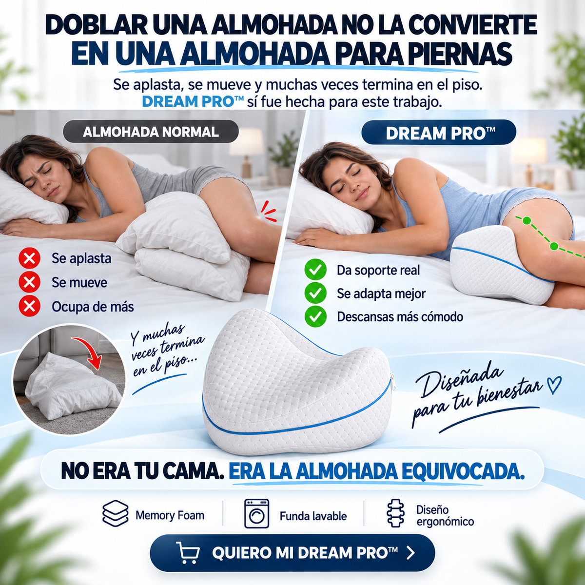 DREAM PRO™ — Almohada Ortopédica para Piernas que Ayuda a Reducir la Presión y Mejorar la Postura al Dormir de Lado