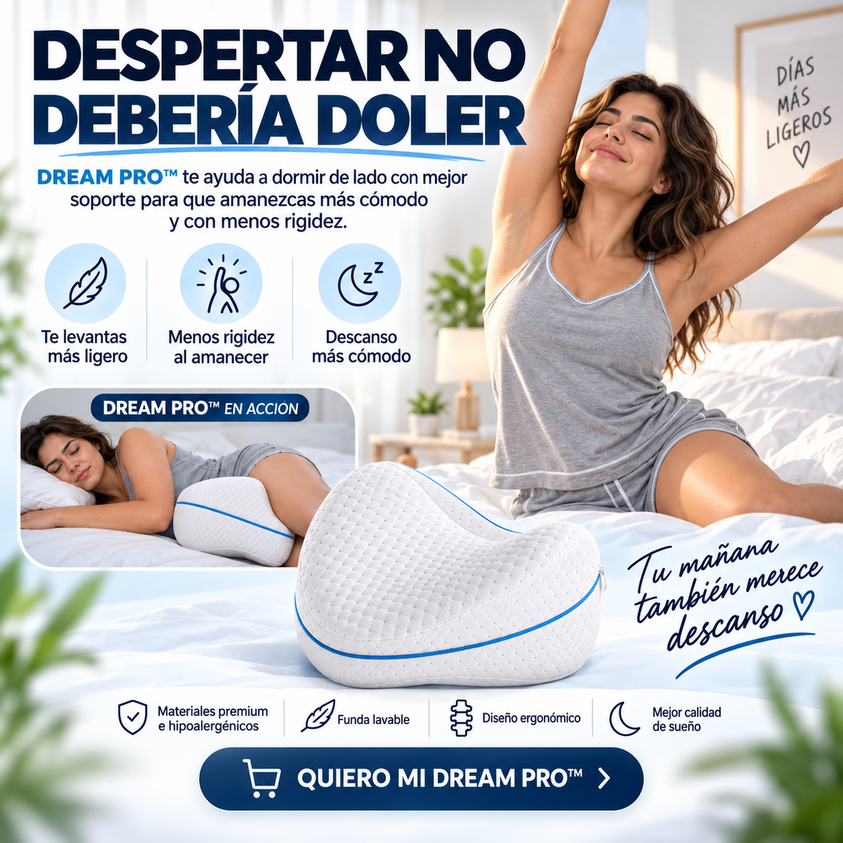 DREAM PRO™ — Almohada Ortopédica para Piernas que Ayuda a Reducir la Presión y Mejorar la Postura al Dormir de Lado